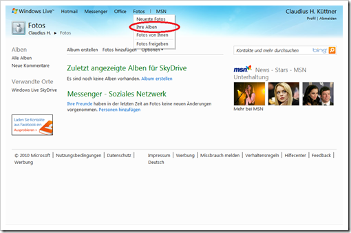 Windows Live Hotmail - Startbildschirm