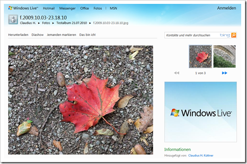 Windows Live Hotmail - Einzeleigenschaften eines Bildes 1