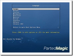 Parted Magic v5.1 LiveCD - Sprachauswahl - Deutsch