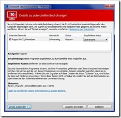 Microsoft Security Essentials v2.x bemerkt den “System Tool 2011” Virus und kann ihn stoppen