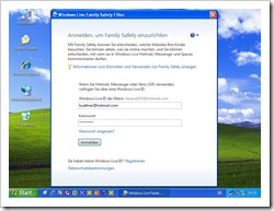 Windows Live ID der Eltern und das Passwort eingeben